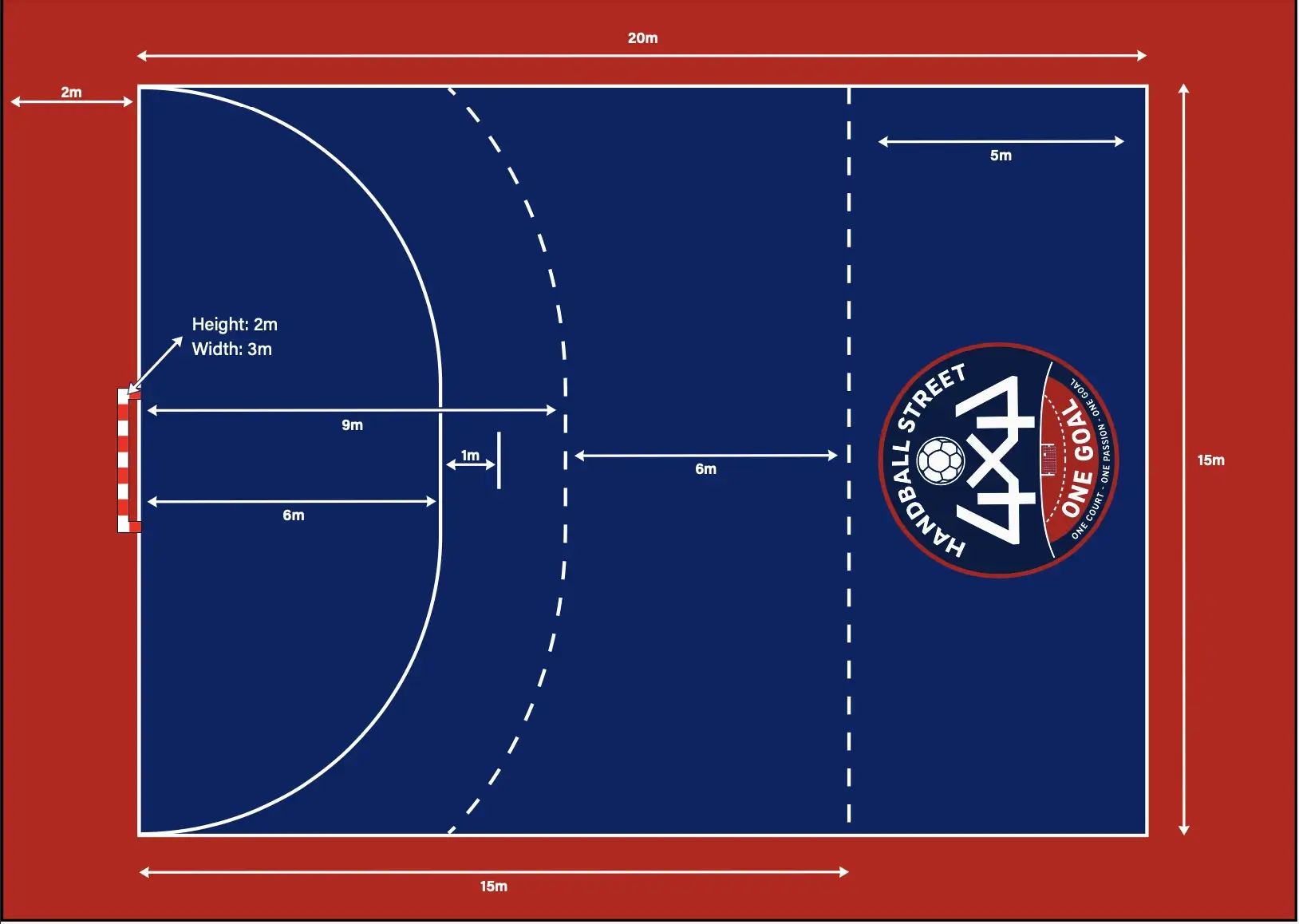 Schéma officiel du terrain Handball Street One Goal 4x4 avec cotes