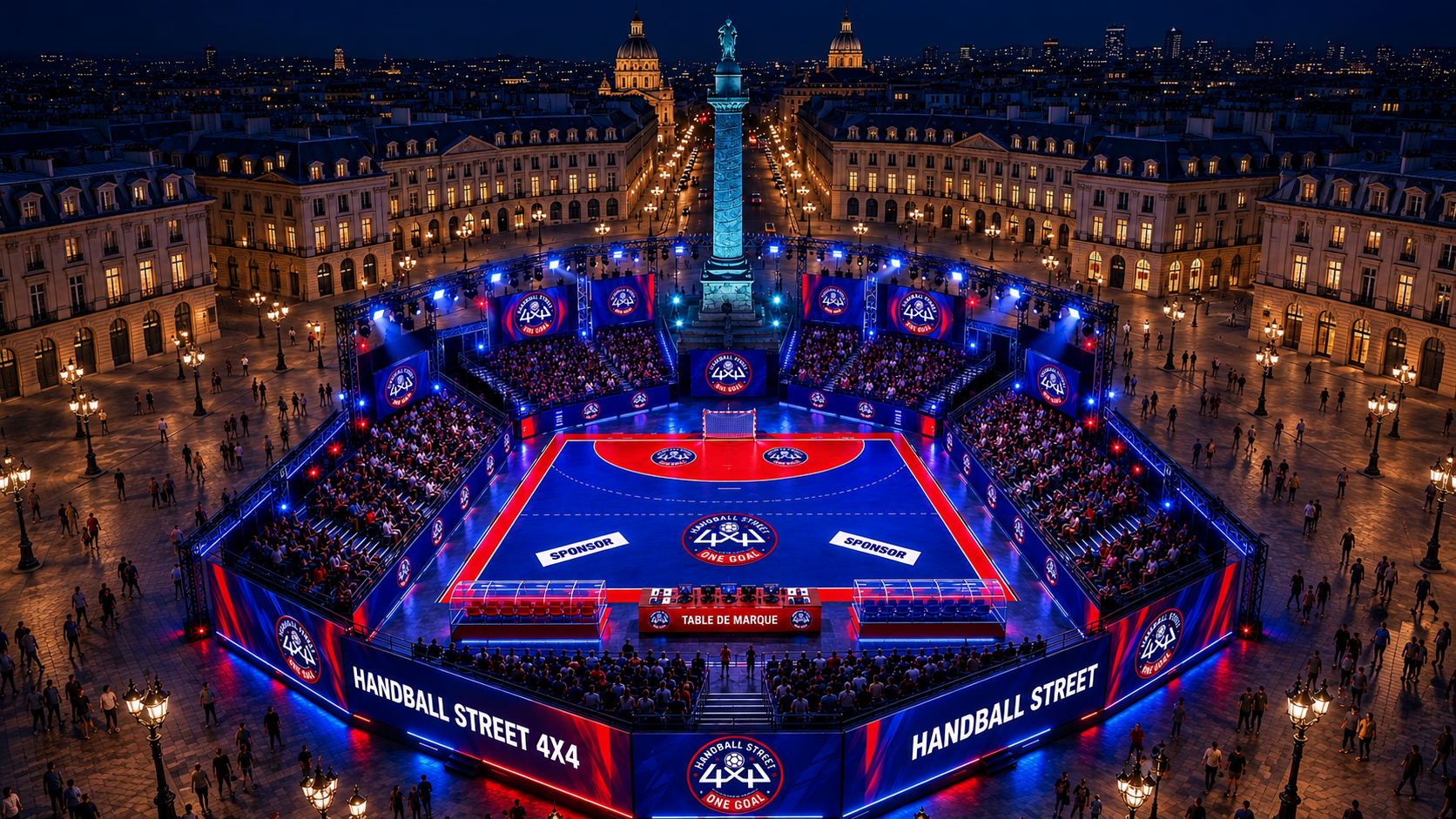 Render of the Handball Street One Goal 4x4 arena installed in a city centre